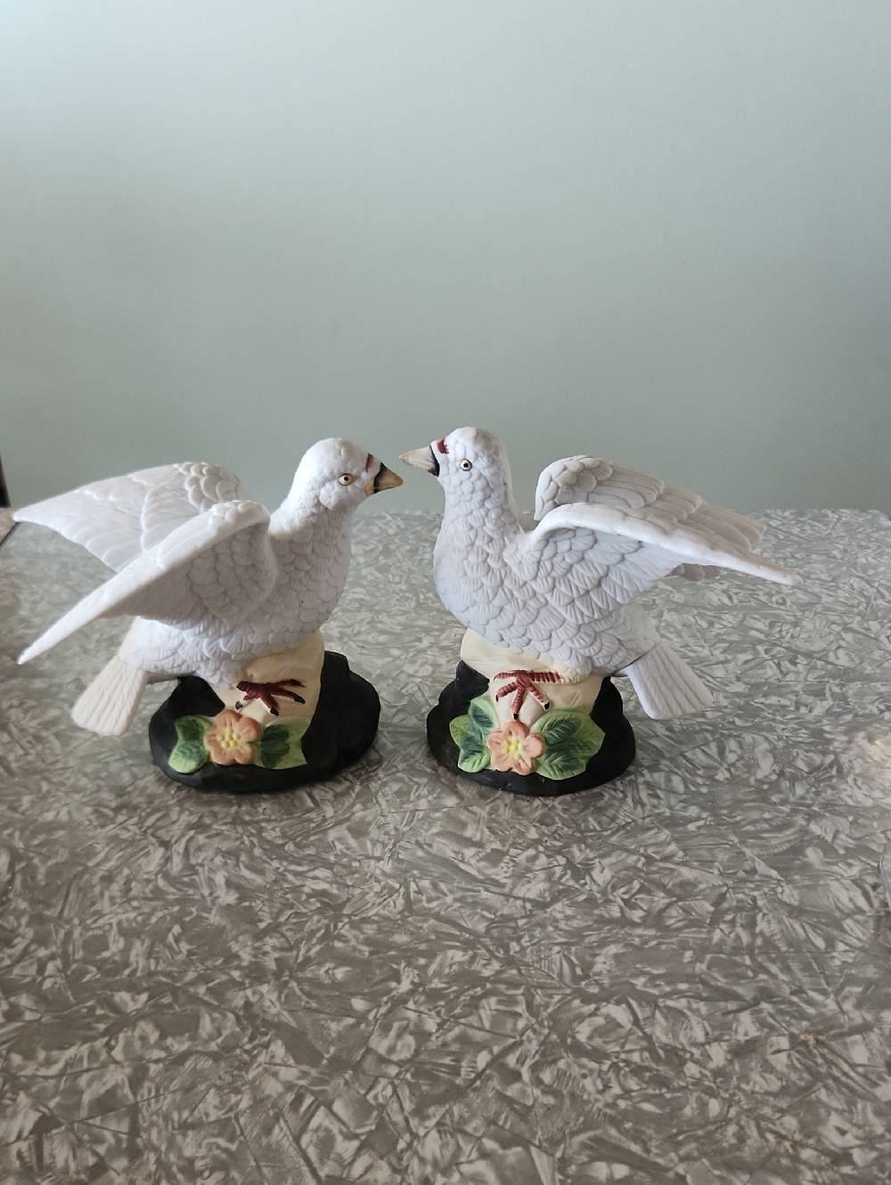 White Ceramic Dove Pair Figurines with Floral Bases